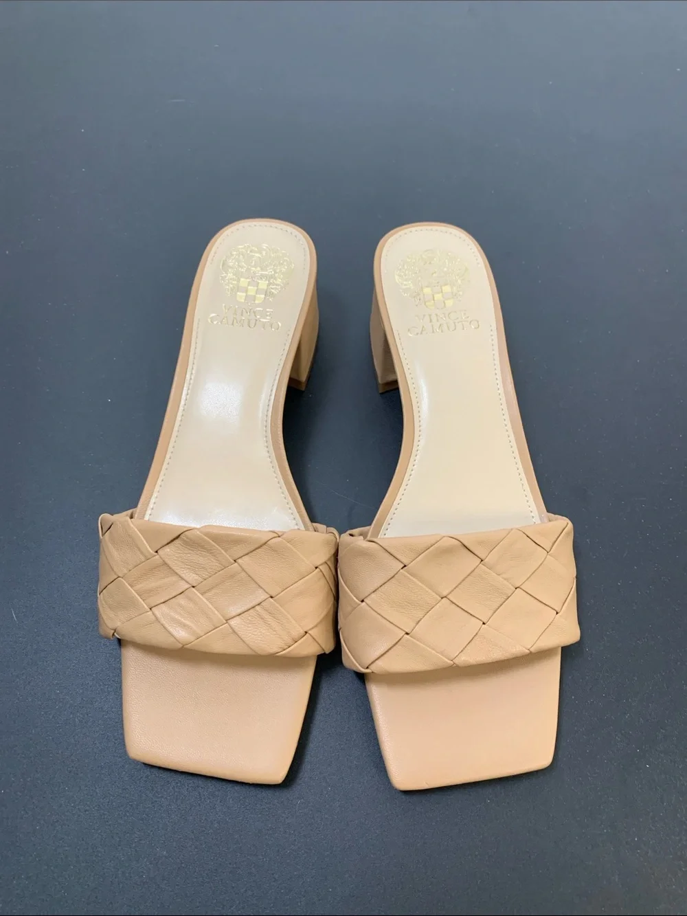 Vince Camuto Woven Strap Block Heel Sandals - Beige